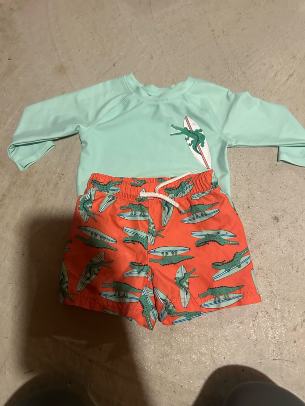 Old Navy Mint Green Rash Guard with Orange Alligator Swim Trunks